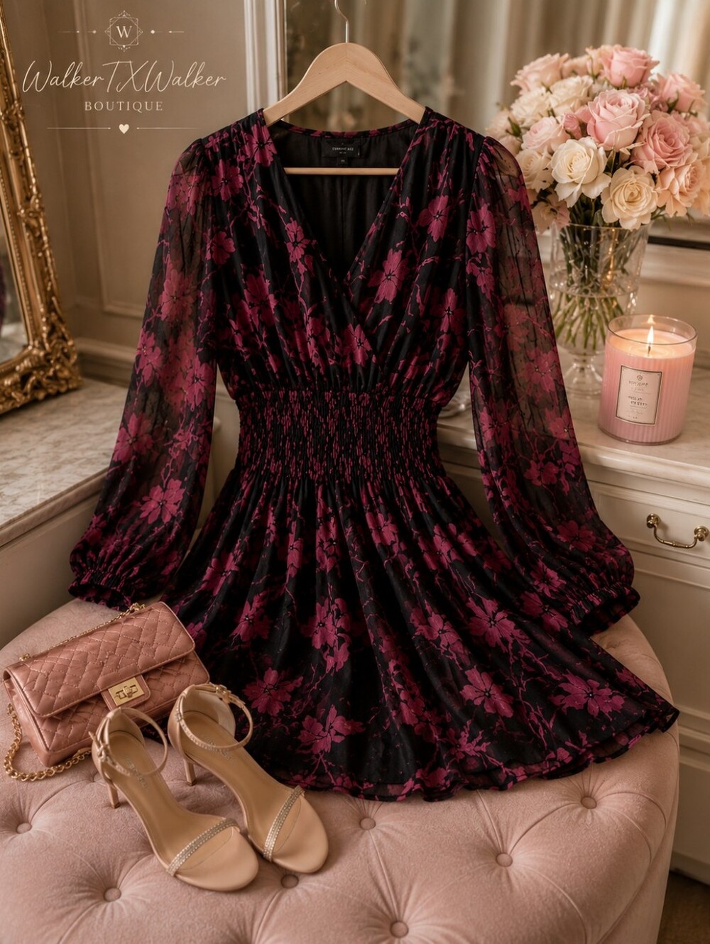 Pink Floral Pleated Mini Dress | Smocked Waist | Sheer Sleeve | Large - Picture 1 of 8